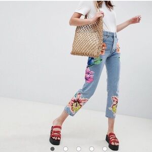 Floral Print Women’s Jeans - Blue with Multicolor Bloom Accents